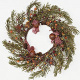 Holiday Pine Christmas Wreath 12" with Rusty Tin Bells and Gingham Bows