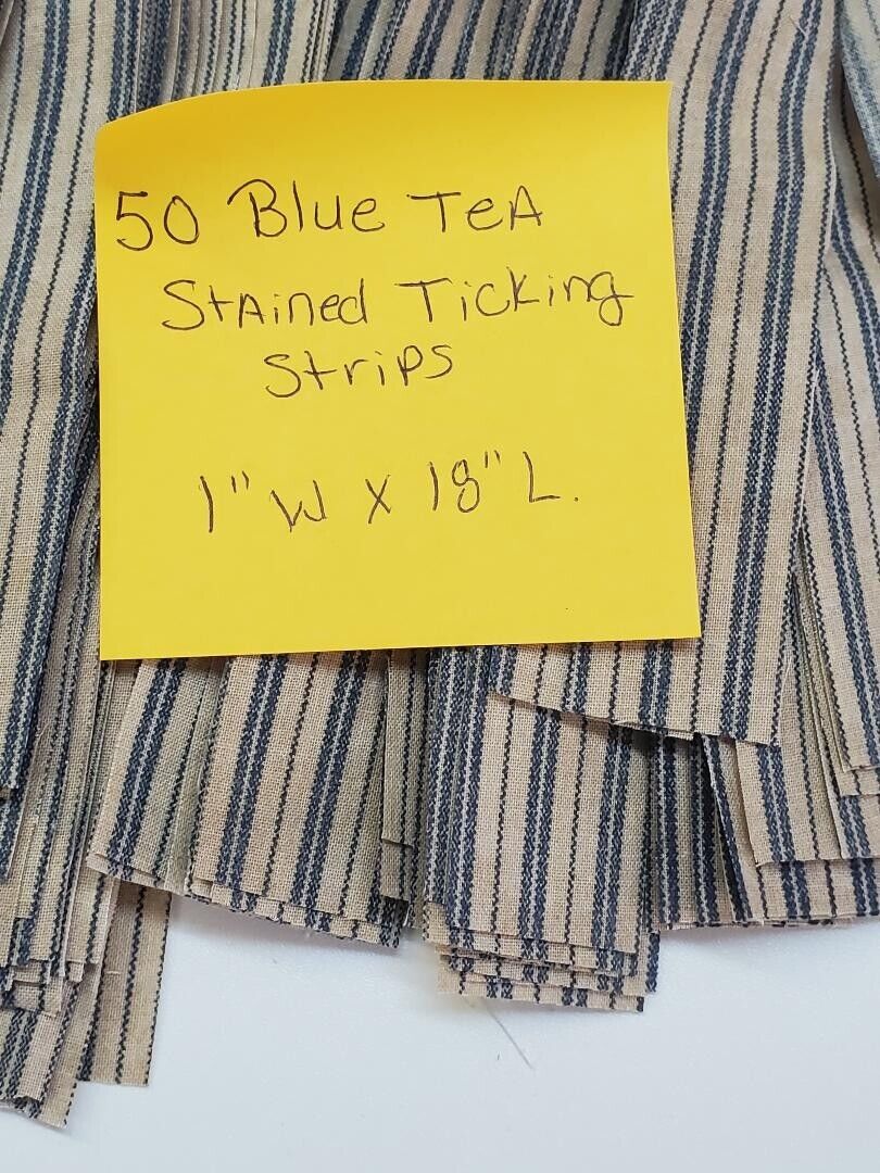 50 Pre Cut 5 Blue Ticking Tea Stained Fabric Squares