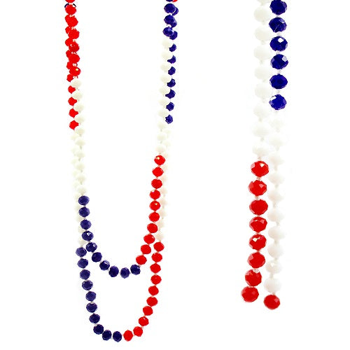 Red White Blue Patriotic 8mm Faceted Beaded Necklace 60"