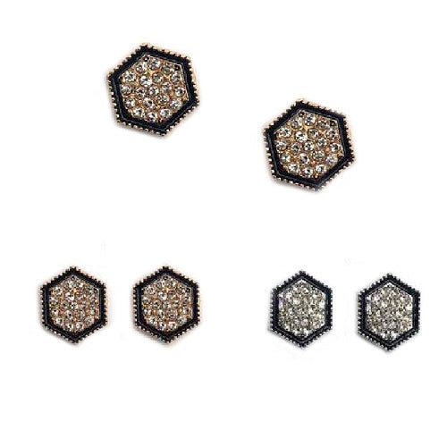 Hexagon Rhinestone Stud Post Earrings Silver or Gold