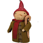 Country Primitive Snowman in Green Coat with Scarf & Candy Cane