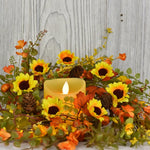 Country Primitive Pumpkins, Pinecones & Sunflower 4.5" Candle Ring Wreath
