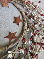 Burgundy and Cream Pip Berry Wreath w Rusty Tin Stars