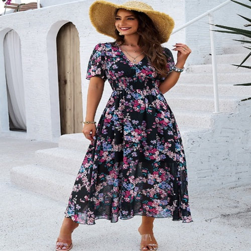 Short Sleeve Floral Print Dress with Waist Band