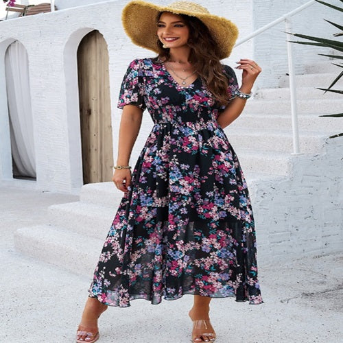 Short Sleeve Floral Print Dress with Waist Band Small Short Sleeve Floral Print Dress with Waist Band Small