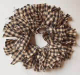 Country Primitive Black Gingham Homespun Taper Candle Ring Mini Rag Wreath