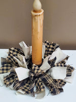 Country Primitive Black Plaid Gingham & Muslin Homespun Rag Wreath Taper Candle Ring