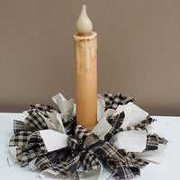 Country Primitive Black Plaid Gingham & Muslin Homespun Rag Wreath Taper Candle Ring