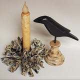 Country Primitive Navy Blue Stained Floral Rag Wreath Taper Candle Ring