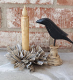 Country Primitive Navy Blue Stained Ticking Rag Wreath Taper Candle Ring