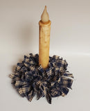 Country Primitive Navy Blue Plaid Homespun Rag Wreath Taper Candle Ring
