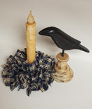 Country Primitive Navy Blue Plaid Homespun Rag Wreath Taper Candle Ring