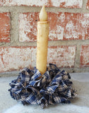 Country Primitive Navy Blue Plaid Homespun Rag Wreath Taper Candle Ring