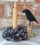 Country Primitive Navy Blue Plaid Homespun Rag Wreath Taper Candle Ring
