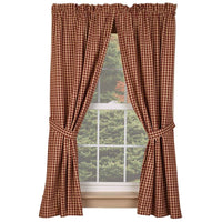 Country Primitive Small Burgundy Check Curtain Panels 63"