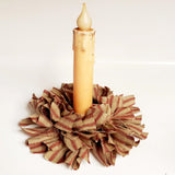 Country Primitive Burgundy Ticking Homespun Rag Wreath Taper Candle Ring