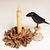 Country Primitive Burgundy Ticking Homespun Rag Wreath Taper Candle Ring