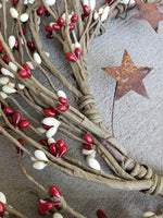 Burgundy and Cream Pip Berry Wreath w Rusty Tin Stars