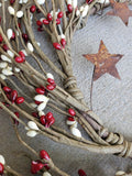 Burgundy and Cream Pip Berry Wreath w Rusty Tin Stars