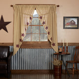 Primitive Burlap w Burgundy Star Prairie Swag Curtains