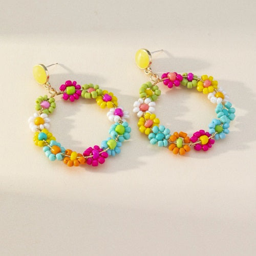 Colorful Beaded Flower Dangle Earrings