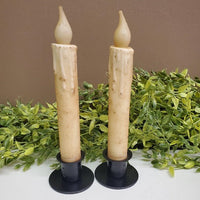 2 Primitive Battery Operated Wax-dipped Taper LED Candles Cream 7" w Timer