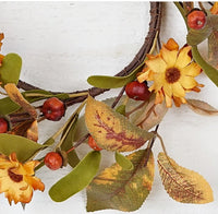 Fall Mix Daisy Candle Ring Ficus Leaves and Podka Pods 5"