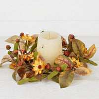 Fall Mix Daisy Candle Ring Ficus Leaves and Podka Pods 5"