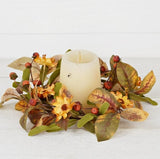 Fall Mix Daisy Candle Ring Ficus Leaves and Podka Pods 5"