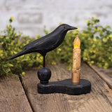 Primitive Wooden Crow on Pedestal Taper Candle Holder