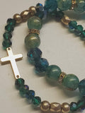 2 Pc Green Beaded Cross Stretch Bracelet Set