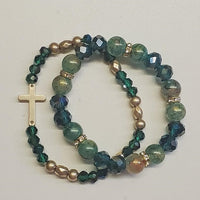 2 Pc Green Beaded Cross Stretch Bracelet Set