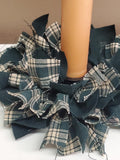 Country Primitive Green Plaid Homespun Rag Wreath Taper Candle Ring