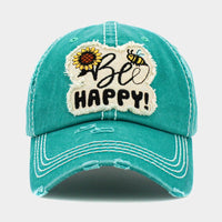 Turquoise BEE HAPPY Distressed Baseball Cap