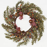 Holiday Pine Christmas Wreath 12" with Rusty Tin Bells and Gingham Bows