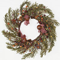 Holiday Pine Christmas Wreath 12" with Rusty Tin Bells and Gingham Bows