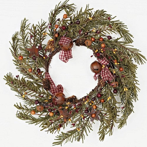 Holiday Pine Christmas Wreath 12" with Rusty Tin Bells and Gingham Bows