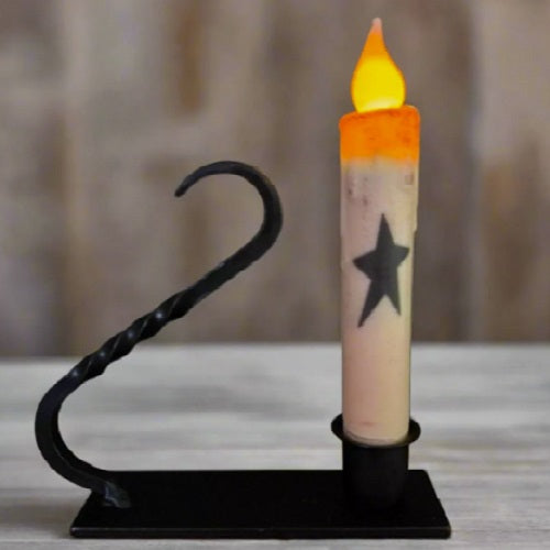 Country Primitive Black Iron Taper Candle Holder with Curved Handle