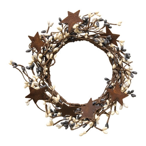 Primitive Farmhouse Mix Pip Berry Candle Ring 4" Rusty Stars