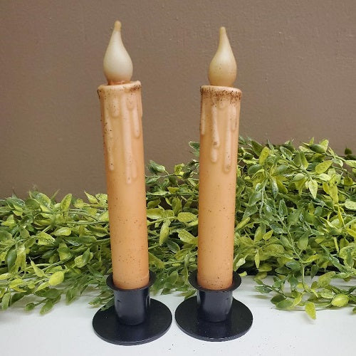 2 Primitive Battery Operated Wax-dipped Taper LED Candles Natural 7" w Timer