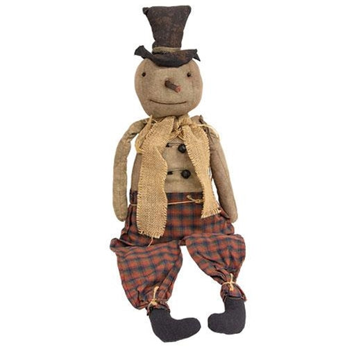 Primitive Folk Art Rusty Bell Plaid Snowman Doll