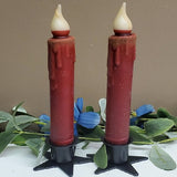 2 Country Primitive Red Battery Operated Wax-dipped Taper LED Candles 7" w Timer