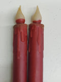 2 Country Primitive Red Battery Operated Wax-dipped Taper LED Candles 7" w Timer