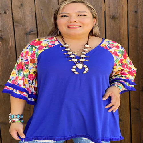 Blue Tunic Blouse W Floral Sleeve
