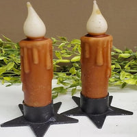 2 Primitive Rust Battery Operated Wax-dipped Taper LED Candles 4" w Timer