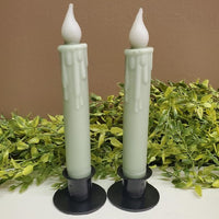 2 Primitive Battery Operated Wax-dipped Taper LED Candles Sage 7" w Timer