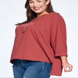 Plus Size Solid Cotton Boxy Oversize Dolman Casual Top with Cuffed Sleeves