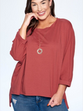 Plus Size Solid Cotton Boxy Oversize Dolman Casual Top with Cuffed Sleeves