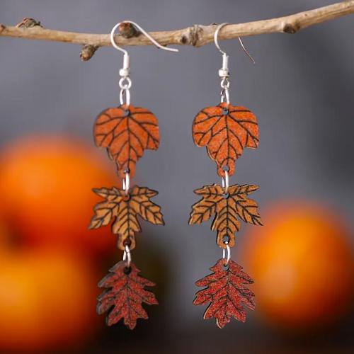 Wood Fall Leaves Dangle Earrings
