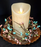 Country Primitive Farmhouse Spring Pip Berry Candle Ring 3.5" Blue Pink Green